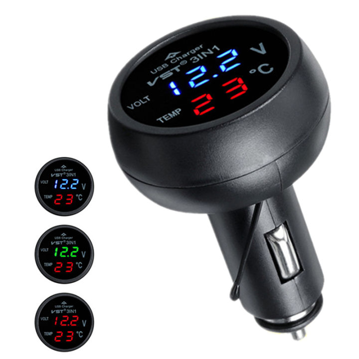 3 in 1 DC 12V/24V LED Digital Meter Display USB Car Charger Voltmeter ...