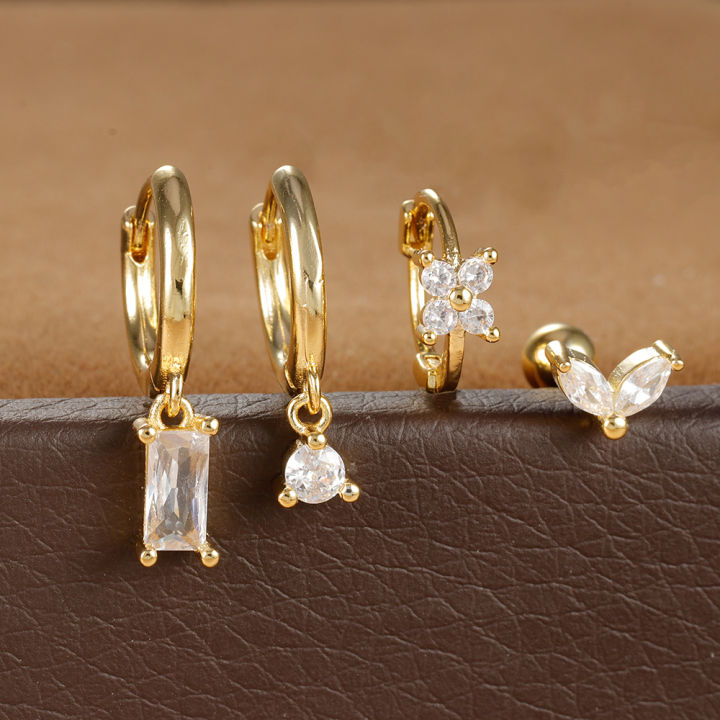 4PCS%20Stainless%20Steel%20Four%20Zircons%20Flower%20Pendant%20Hoop%20Earrings%20Set%20for%20Women%20Cartilage%20Huggies%20Square%20Earring%20Piercing%20Jewelry%20-%20Image%203