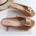 Women's Summer PVC Half Slippers Fashion Square Buckle Casual Chunky Heels Wear Flat Sandals. 