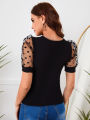 2024 spring and summer Europe and America new women's mesh polka dot stitching collage comfortable casual crew neck short-sleeve.