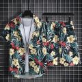 Floral Design Summer Beach Suit Men's Polo Shirt Oversized 3/4 Sleeves Shirt+shorts. 