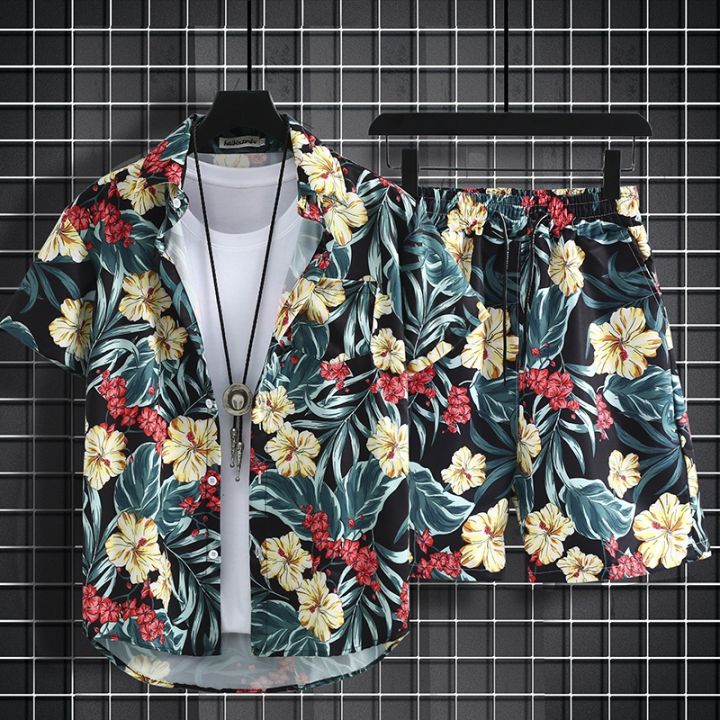 Floral Design Summer Beach Suit Men's Polo Shirt Oversized 3/4 Sleeves Shirt+shorts