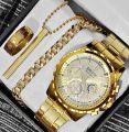 New Fashion Luxury Sun Moon Star Diamond  Men's Quartz Watch+Braclete  -Mens Steel Band Watch +Chain Braclete+3D Bar Stick Locket +Ring  -High Quality Golden In  Random Dail With Stainless steel Straps Casual Watch+Chain Braclets+Nacklace+Ring  For men. 