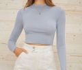 Long Sleeve Mock Neck Crop Top Women's Casual Solid Color T-Shirt Soft Fabric Short Length Top. 