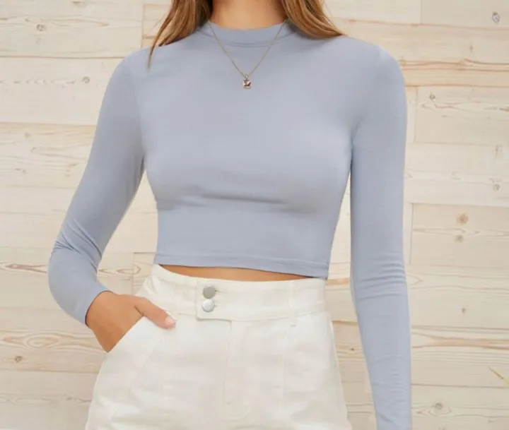 Long%20Sleeve%20Mock%20Neck%20Crop%20Top%20Women's%20Casual%20Solid%20Color%20T-Shirt%20Soft%20Fabric%20Short%20Length%20Top%20-%20Image%204