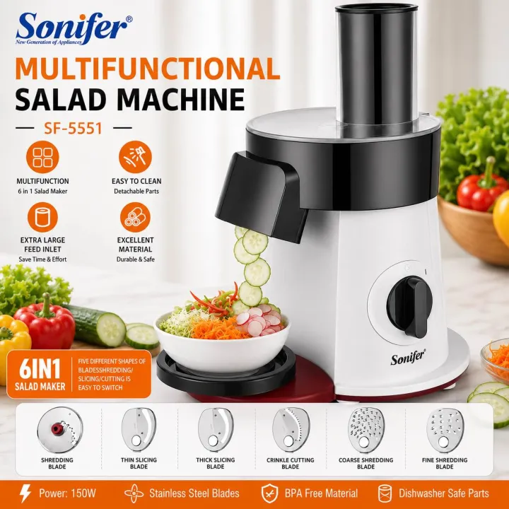 Sonifer SF–5551 6 in 1 Salad Maker: 6 Stainless Discs, Extra – Large Tube