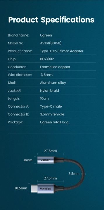 UGREEN%20USB%20C%20to%203.5mm%20Headphone%20Adapter,%20Type%20C%20Dongle%20Audio%20Jack%20Converter%20with%20DAC%20Chip%20Compatible%20for%20Galaxy%20Note20%20Ultra/Note20/S20/Note10/S10,%20Pixel%204%203%202%20XL,%20,%20OnePlus%20and%20More%20-%20Image%207