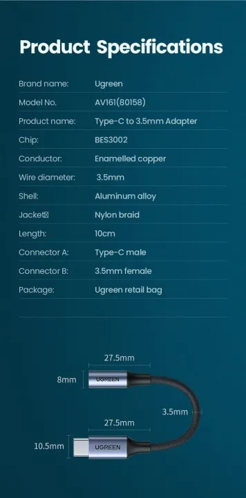 UGREEN%20USB%20C%20to%203.5mm%20Headphone%20Adapter,%20Type%20C%20Dongle%20Audio%20Jack%20Converter%20with%20DAC%20Chip%20Compatible%20for%20Galaxy%20Note20%20Ultra/Note20/S20/Note10/S10,%20Pixel%204%203%202%20XL,%20,%20OnePlus%20and%20More%20-%20Image%207