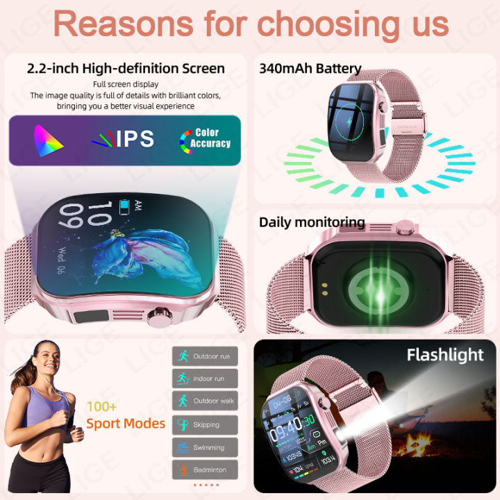 LIGE%20Smart%20Watch%20Women%202.2"%20Curved%20Display%20BT%20Call%20100+%20Sports%20Mode%20Flashlight%20Body%20Temperature%20Health%20Monitor%20Men's%20Smartwatch%20-%20Image%205