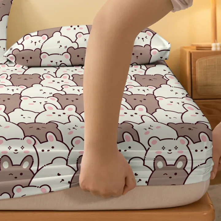 1%20Cartoon%20Cute%20Teddy%20M-bear%20Printed%20Matte%20Fitted%20Sheet,%20Bedroom%20Printed%20Bed%20Cover,%20Bedding%20(Excluding%20Pillowcases)%20-%20Image%204