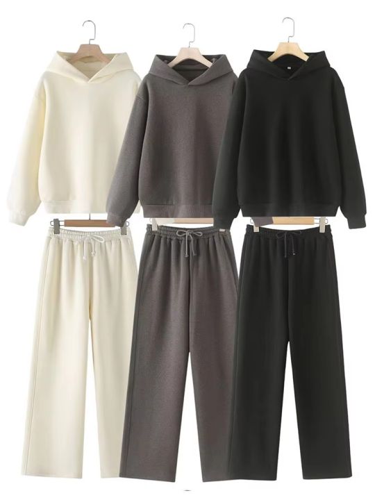 HH Women Solid Casual Sweatshirt Pant Suit Long Sleeve Hooded Fleece Pullover Coat Loose Straight Trousers Office Lady Sets