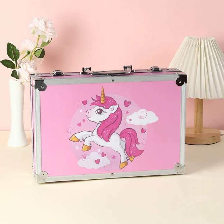 color art kit 145 pieces metal kit Artist Colour Set Unicorn Color Box With Multiple Coloring Kit,Professional Drawing Color Pencils,Water Colors,Oil Pastel,Sketches&Acrylic Paint Brush For Art Craft (Random Color Box)