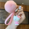Hello Kitty Sanrio Kuromi Penguin Frog Dog Cat Cute Keychains with Fluffy Rabbit Fur Ball Women Girl Bag Pendant Keyring Gifts. 