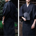 Black Summer Navy Japanese Traditional Samurai Kimono For Men Yukata Bathing Robe Hekoobi Loose Style Homewear Long Gown Cotton. 