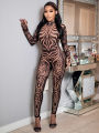 Sisterlinda Fashion Print Jumpsuits Woman Turtleneck Full Sleeve See Through Skinny Peach Hip Street Wild Style Overalls.