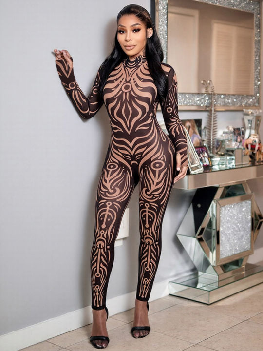Sisterlinda Fashion Print Jumpsuits Woman Turtleneck Full Sleeve See Through Skinny Peach Hip Street Wild Style Overalls