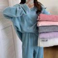 Winter Flannel Two-piece Loose Casual New O-neck Striped Coral Fleece Top Elastic Waist Pants sets Women's Pajamas Set Sleepwear.