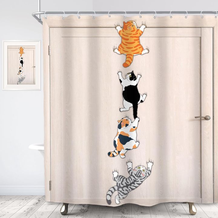 Cat Shower Curtain Kids Funny Cute Lovely Cartoon Kitten Pet Animal Climbing Door Hilarious Modern 12 Pack Hooks Polyester