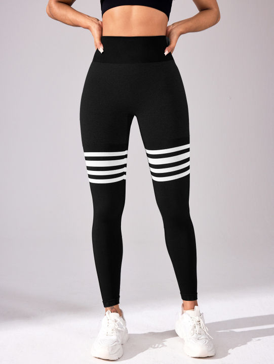 Women's High-Waisted Butt-Lifting Yoga Pants, Striped Seamless Fitness Leggings, Tummy Control Workout Pants