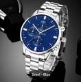 Stainless Steel Luxury Men Watch Quartz Analog Business Chain Casual Wrist blue Dial Watches For Boys and Gents. 
