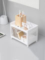 1PC PP Desktop Double Layer Storage Rack Rectangular White Organizing Student Desk Office Cosmetics Stationery. 