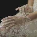 White Satin Wedding Dress Gloves Short Elegant Petal Pearl Bow Mesh Bridal Gloves Versatile Photo Accessories Pearl Retro. 