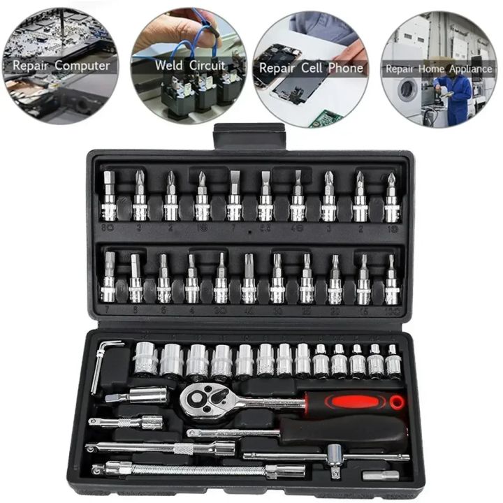 46pcs%201/4%20Inch%20Drive%20Socket%20Set%20Ratchet%20Wrench%20Set%20Car%20Tool%20Kit,%20Bit%20Socket%20Wrench%20Set%20Metric%20Mechanic%20Tool%20Set%20Car%20Accessories%20-%20Image%202