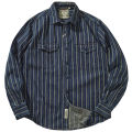 Vintage vertical stripe denim shirt with heavy Aimi khaki cargo wash to make old shirt men's coat. 