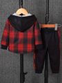 Spring Autumn Plaid Print Baby Boy Long Sleeve Hooded Fleece Lined Shirt Color Block Pants Two-Piece Casual Outfit for Toddlers. 