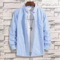 Mens Dress Shirts Striped Long Sleeve Plaid Checked Shirt Smart Casual Business Non-Ironing Korean Slim Fit Formal Blue White. 