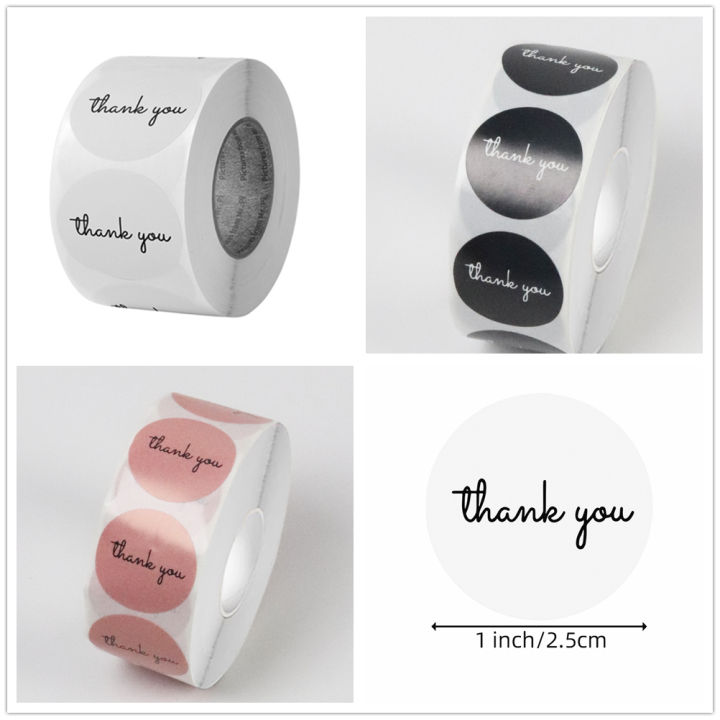 500 Thank You Stickers Roll 25mm Round Black White Pink Thank You ...