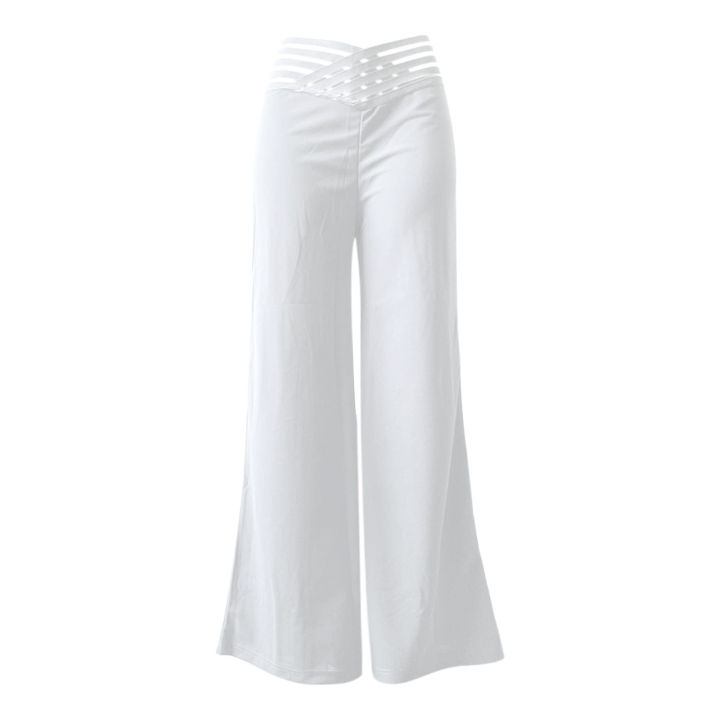 Women%20Flared%20Pants%20Elegant%20Office%20Lady%20Casual%20High%20Waist%20Trousers%20Spring%20Summer%20Solid%20Crisscross%20Sheer%20Mesh%20Patch%20Wide%20Leg%20Pant%20-%20Image%205