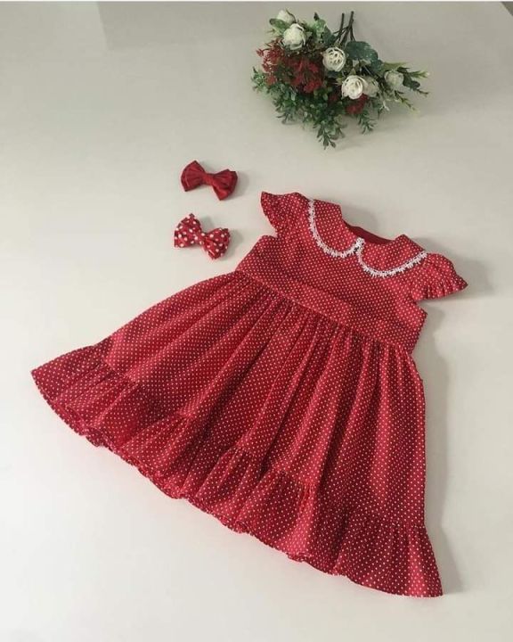Baby collar with white lace red dot frock