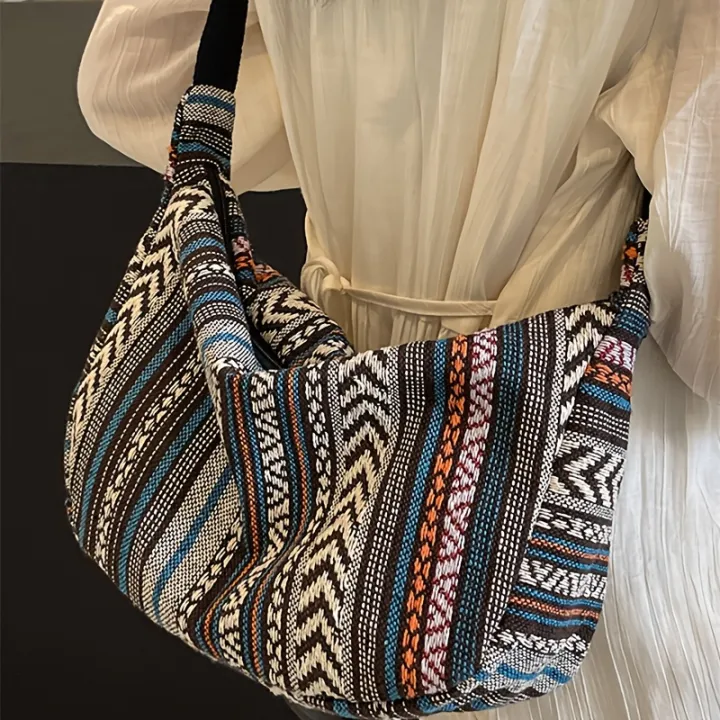 Tribal%20Style%20Shoulder%20Bag,%20Foldable%20Crossbody%20with%20Zipper%20Closure,%20Striped%20Pattern,%20Flag%20Theme%20Hand%20Washable%20Edge%20Painted%20Lining%20-%20Image%202