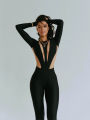 Huhugirl  Mesh Patchwork Rompers Women Jumpsuits Fashion O Neck Long Sleeve Skinny Black Jumpsuits Female One Piece Overalls. 