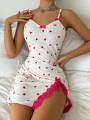 Sexy Women's Night Gown Lace Trim Camisole Bow & Heart Print Sleeveless Sleep Dress Elegant Night Wear for Ladies. 