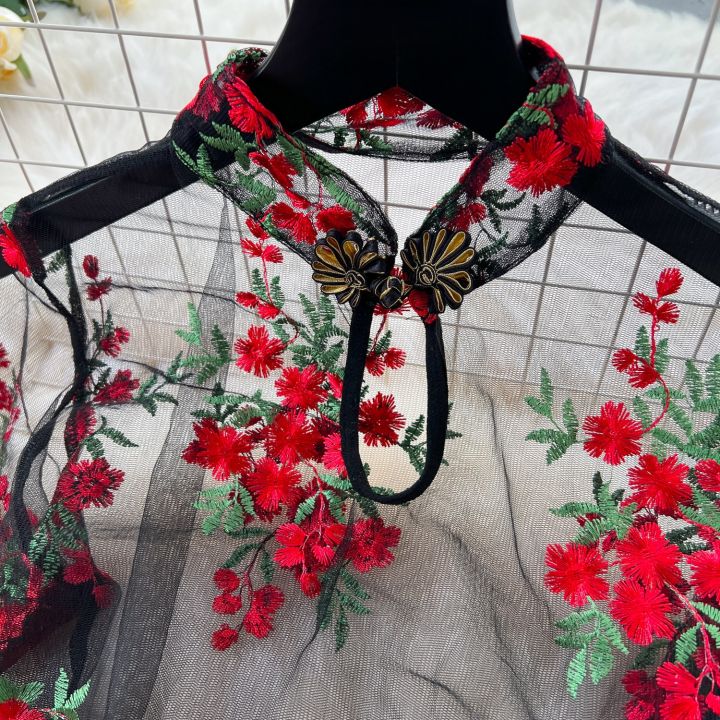 Woman%20Embroidery%20Floral%20Mesh%20Fashion%20%20Dress%20Chinese%20Style%20Short%20Sleeve%20Split%20Hollow%20Out%20Cheongsam%20New%20Gauze%20Sheer%20Dress%20-%20Image%203