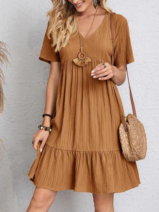 Women%20Elegant%20Short%20Sleeve%20V%20Neck%20Ruffles%20Dress%20Summer%20Casual%20Solid%20Loose%20Mini%20Dress%20Chic%20Bohemian%20Sundress%20Beach%20Party%20Vestidos%20-%20Image%204