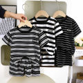 New Summer Children's Top and Bottom Clothes Set Striped Cotton Casual Sports Short Sleeve Two Piece Set for Children 0-5 Years. 