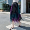 Casual Skirts Punk Net Yarn High-Waisted Irregular Skirt for Women Summer New European and American Gothic Style Versatile.