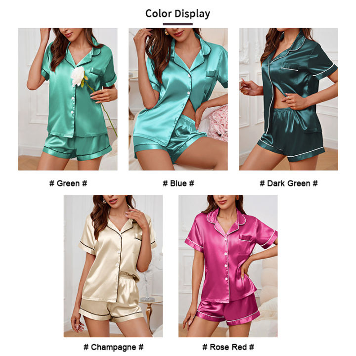 Women's%20Satin%20Pajama%20Set%20Summer%20Sleepwear%20Loungewear%20Short%20Sleeve%20Lapel%20Top%20&%20Shorts%20Pyjamas%20Button%20Home%20Clothes%20Pajamas%20Pjs%20Set%20-%20Image%204