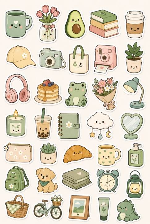 `50Pcs Cute Kawaii Aesthetic Stickers Pack | Green Pastel Decals With ...