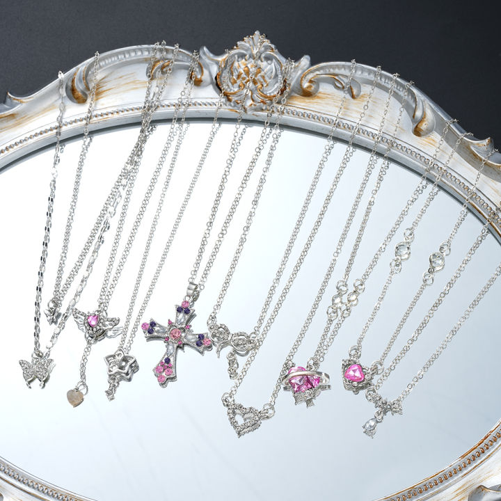 9%20Pcs%20Women's%20Elegant%20Zircon%20Pendants%20Necklace%20Set%20Fashion%20Pink%20Color%20Cross%20Butterfly%20Heart%20Bowknot%20Necklaces%20Party%20Jewelry%20%20-%20Image%204