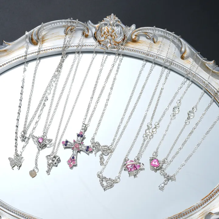 9%20Pcs%20Women's%20Elegant%20Zircon%20Pendants%20Necklace%20Set%20Fashion%20Pink%20Color%20Cross%20Butterfly%20Heart%20Bowknot%20Necklaces%20Party%20Jewelry%20%20-%20Image%204