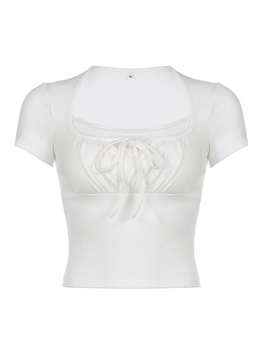 Casual%20White%20Knitted%20Lac%20Patched%20Female%20T-shirts%20Y2K%20Korean%20Style%20Slim%20Tie%20Up%20Shirring%20Summer%20Top%20Tee%20Folds%20Outfits%20-%20Image%206