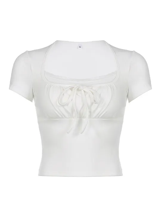 Casual%20White%20Knitted%20Lac%20Patched%20Female%20T-shirts%20Y2K%20Korean%20Style%20Slim%20Tie%20Up%20Shirring%20Summer%20Top%20Tee%20Folds%20Outfits%20-%20Image%206