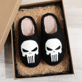 Punisher Skull Pattern Fashion Embroider Plush Home Thick-Soled Comfortable Woolen Cotton Slippers Personalized Warm Non-Slip Indoor Slippers for Men and Women Can Wear Halloween Christmas Gifts. 