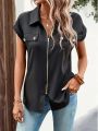 Ladies Casual Plus Size 1XL-5XL Short Sleeve Elegant Solid Color Shirt Women's Black Zip-Up Blouse Button Lapel  Blouse Shirt. 