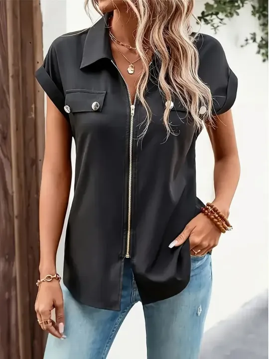 Ladies%20Casual%20Plus%20Size%201XL-5XL%20Short%20Sleeve%20Elegant%20Solid%20Color%20Shirt%20Women's%20Black%20Zip-Up%20Blouse%20Button%20Lapel%20%20Blouse%20Shirt%20-%20Image%202