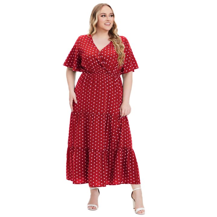 Plus%20Size%20New%20Arrival%20Fashional%20Polka%20Dot%20Print%20V%20Neck%20Short%20Sleeve%20Bohemian%20Casual%20Dresses%20For%20Big%20Size%20Women%20-%20Image%206